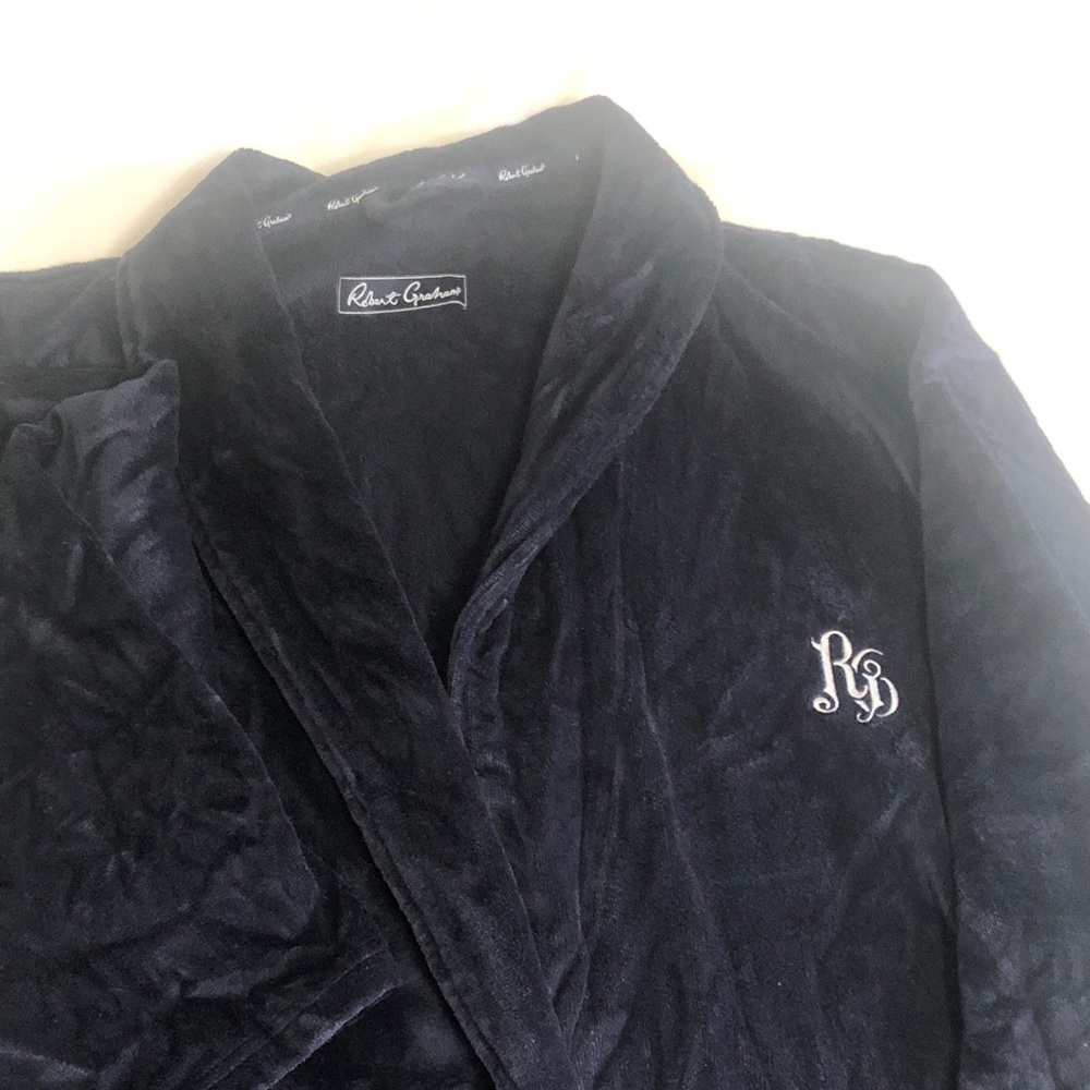 Robert Graham Navy Plush Velvet Robe with White Monogram